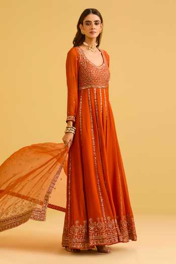 Esha Koul_Orange Organza, Georgette, Crepe V-neck Rust Anarkali Set _Online_at_Aza_Fashions