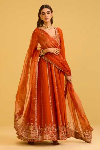 Buy_Esha Koul_Orange Organza, Georgette, Crepe V-neck Rust Anarkali Set _Online_at_Aza_Fashions