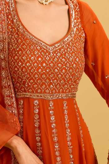 Shop_Esha Koul_Orange Organza, Georgette, Crepe V-neck Rust Anarkali Set _Online_at_Aza_Fashions