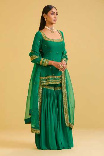 Buy Esha Koul Green Organza, Georgette, Crepe Square Neck, Yes Embellished Kurta Sharara Set Online at Aza Fashions Buy_Esha Koul_Green Organza, Georgette, Crepe Square Neck, Yes Embellished Kurta Sharara Set _Online_at_Aza_Fashions
