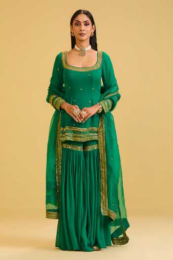 Shop Esha Koul Green Organza, Georgette, Crepe Square Neck, Yes Embellished Kurta Sharara Set Online at Aza Fashions Shop_Esha Koul_Green Organza, Georgette, Crepe Square Neck, Yes Embellished Kurta Sharara Set _Online_at_Aza_Fashions