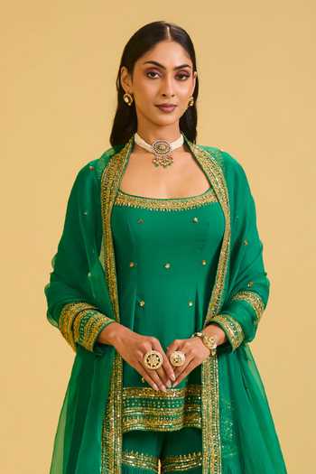 Esha Koul Green Organza, Georgette, Crepe Square Neck, Yes Embellished Kurta Sharara Set at Aza Fashions Esha Koul_Green Organza, Georgette, Crepe Square Neck, Yes Embellished Kurta Sharara Set _at_Aza_Fashions