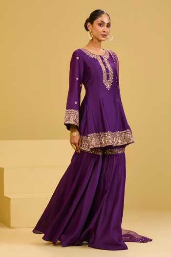 Esha Koul Purple Organza, Chanderi, Crepe Round Neck, Yes Kurta Sharara Set Online at Aza Fashions Esha Koul_Purple Organza, Chanderi, Crepe Round Neck, Yes Kurta Sharara Set _Online_at_Aza_Fashions
