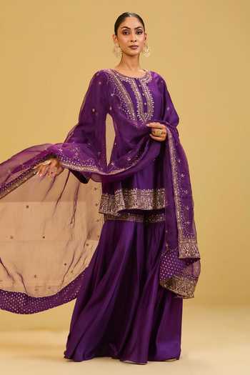 Buy Esha Koul Purple Organza, Chanderi, Crepe Round Neck, Yes Kurta Sharara Set Online at Aza Fashions Buy_Esha Koul_Purple Organza, Chanderi, Crepe Round Neck, Yes Kurta Sharara Set _Online_at_Aza_Fashions