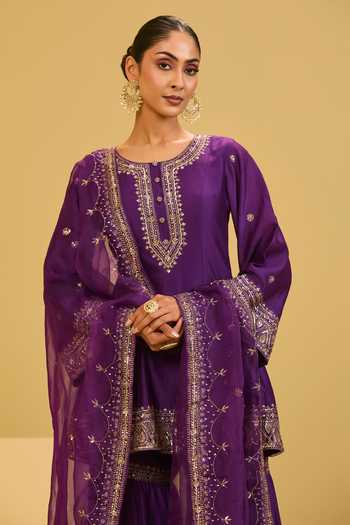 Shop Esha Koul Purple Organza, Chanderi, Crepe Round Neck, Yes Kurta Sharara Set Online at Aza Fashions Shop_Esha Koul_Purple Organza, Chanderi, Crepe Round Neck, Yes Kurta Sharara Set _Online_at_Aza_Fashions