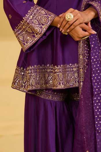 Buy Esha Koul Purple Organza, Chanderi, Crepe Round Neck, Yes Kurta Sharara Set Buy_Esha Koul_Purple Organza, Chanderi, Crepe Round Neck, Yes Kurta Sharara Set