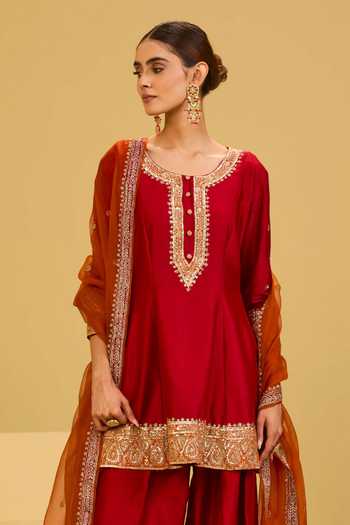 Esha Koul Red Organza, Chanderi Round Neck Peplum Kurta Salwar Set Online at Aza Fashions Esha Koul_Red Organza, Chanderi Round Neck Peplum Kurta Salwar Set _Online_at_Aza_Fashions