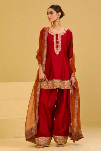 Shop Esha Koul Red Organza, Chanderi Round Neck Peplum Kurta Salwar Set Online at Aza Fashions Shop_Esha Koul_Red Organza, Chanderi Round Neck Peplum Kurta Salwar Set _Online_at_Aza_Fashions
