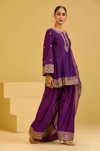 Esha Koul Purple Organza, Chanderi, Crepe Round Neck Peplum Kurta Set Online at Aza Fashions Esha Koul_Purple Organza, Chanderi, Crepe Round Neck Peplum Kurta Set _Online_at_Aza_Fashions