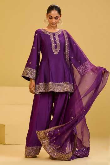 Shop Esha Koul Purple Organza, Chanderi, Crepe Round Neck Peplum Kurta Set Online at Aza Fashions Shop_Esha Koul_Purple Organza, Chanderi, Crepe Round Neck Peplum Kurta Set _Online_at_Aza_Fashions