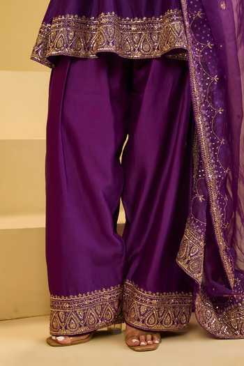 Esha Koul Purple Organza, Chanderi, Crepe Round Neck Peplum Kurta Set at Aza Fashions Esha Koul_Purple Organza, Chanderi, Crepe Round Neck Peplum Kurta Set _at_Aza_Fashions