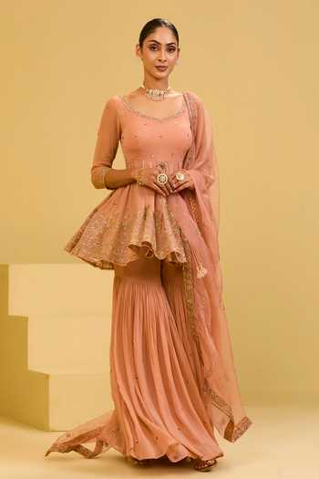 Buy Esha Koul Peach Organza, Georgette, Crepe Scoop Neck, Yes Peplum Kurta Set Online at Aza Fashions Buy_Esha Koul_Peach Organza, Georgette, Crepe Scoop Neck, Yes Peplum Kurta Set _Online_at_Aza_Fashions
