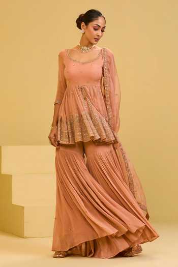 Buy Esha Koul Peach Organza, Georgette, Crepe Scoop Neck, Yes Peplum Kurta Set Buy_Esha Koul_Peach Organza, Georgette, Crepe Scoop Neck, Yes Peplum Kurta Set