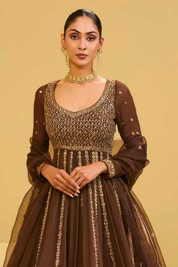 Esha Koul Brown Organza, Georgette, Crepe Scoop Neck Embroidered Anarkali Set Online at Aza Fashions Esha Koul_Brown Organza, Georgette, Crepe Scoop Neck Embroidered Anarkali Set _Online_at_Aza_Fashions