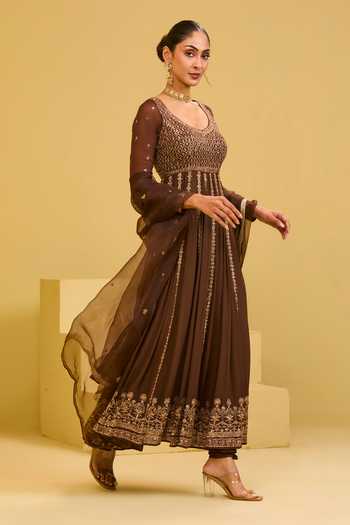 Buy Esha Koul Brown Organza, Georgette, Crepe Scoop Neck Embroidered Anarkali Set Online at Aza Fashions Buy_Esha Koul_Brown Organza, Georgette, Crepe Scoop Neck Embroidered Anarkali Set _Online_at_Aza_Fashions