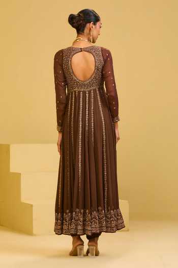 Shop Esha Koul Brown Organza, Georgette, Crepe Scoop Neck Embroidered Anarkali Set Online at Aza Fashions Shop_Esha Koul_Brown Organza, Georgette, Crepe Scoop Neck Embroidered Anarkali Set _Online_at_Aza_Fashions