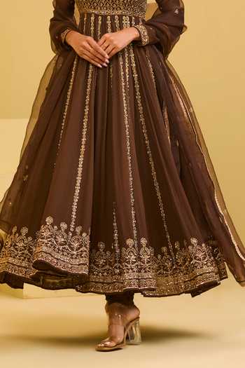 Shop Esha Koul Brown Organza, Georgette, Crepe Scoop Neck Embroidered Anarkali Set Shop_Esha Koul_Brown Organza, Georgette, Crepe Scoop Neck Embroidered Anarkali Set