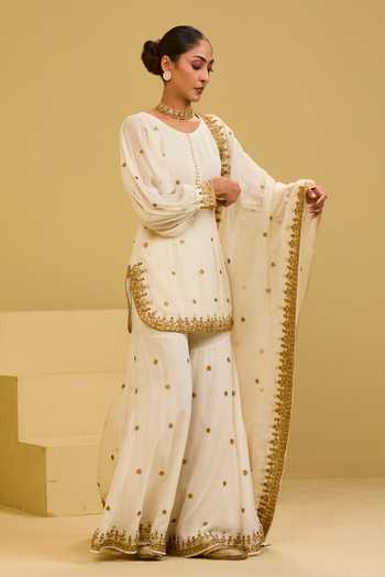 Buy Esha Koul Off White Organza, Georgette, Crepe Round Neck Hand-embellished Sharara Set Online at Aza Fashions Buy_Esha Koul_Off White Organza, Georgette, Crepe Round Neck Hand-embellished Sharara Set _Online_at_Aza_Fashions