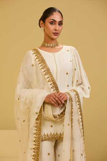 Shop Esha Koul Off White Organza, Georgette, Crepe Round Neck Hand-embellished Sharara Set Online at Aza Fashions Shop_Esha Koul_Off White Organza, Georgette, Crepe Round Neck Hand-embellished Sharara Set _Online_at_Aza_Fashions