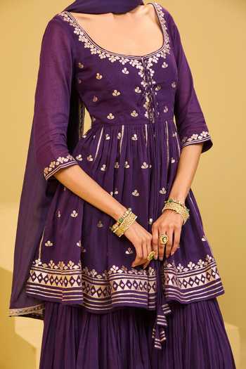 Esha Koul Purple Cotton, Crepe Square Neck, Yes Mal Kurta Sharara Set Online at Aza Fashions Esha Koul_Purple Cotton, Crepe Square Neck, Yes Mal Kurta Sharara Set _Online_at_Aza_Fashions