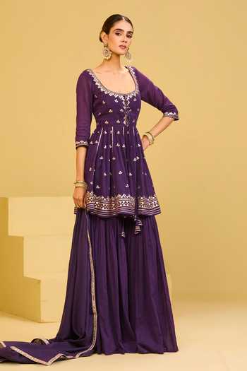 Buy Esha Koul Purple Cotton, Crepe Square Neck, Yes Mal Kurta Sharara Set Online at Aza Fashions Buy_Esha Koul_Purple Cotton, Crepe Square Neck, Yes Mal Kurta Sharara Set _Online_at_Aza_Fashions