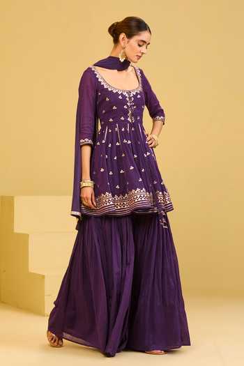Shop Esha Koul Purple Cotton, Crepe Square Neck, Yes Mal Kurta Sharara Set Online at Aza Fashions Shop_Esha Koul_Purple Cotton, Crepe Square Neck, Yes Mal Kurta Sharara Set _Online_at_Aza_Fashions