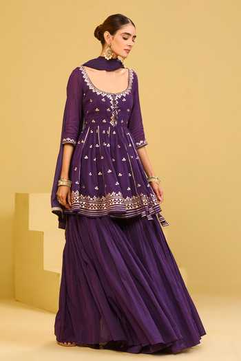 Esha Koul Purple Cotton, Crepe Square Neck, Yes Mal Kurta Sharara Set at Aza Fashions Esha Koul_Purple Cotton, Crepe Square Neck, Yes Mal Kurta Sharara Set _at_Aza_Fashions