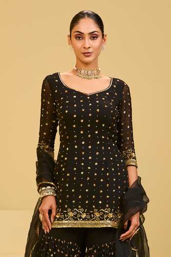 Buy Esha Koul Black Organza, Georgette Scoop Neck, Yes Kurta Sharara Set Online at Aza Fashions Buy_Esha Koul_Black Organza, Georgette Scoop Neck, Yes Kurta Sharara Set _Online_at_Aza_Fashions