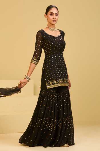 Shop Esha Koul Black Organza, Georgette Scoop Neck, Yes Kurta Sharara Set Online at Aza Fashions Shop_Esha Koul_Black Organza, Georgette Scoop Neck, Yes Kurta Sharara Set _Online_at_Aza_Fashions