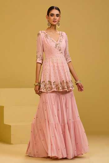 Esha Koul Pink Georgette V-neck, Yes Baby Kurta And Sharara Set Online at Aza Fashions Esha Koul_Pink Georgette V-neck, Yes Baby Kurta And Sharara Set _Online_at_Aza_Fashions