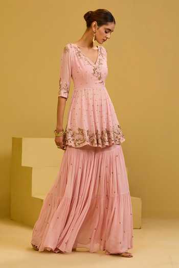 Esha Koul Pink Georgette V-neck, Yes Baby Kurta And Sharara Set at Aza Fashions Esha Koul_Pink Georgette V-neck, Yes Baby Kurta And Sharara Set _at_Aza_Fashions