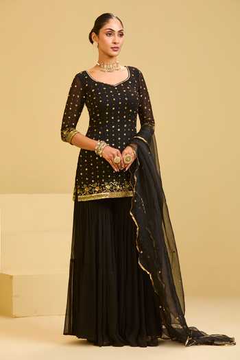 Esha Koul Black Organza, Georgette Sweetheart Neck Embroidered Kurta And Sharara Set Online at Aza Fashions Esha Koul_Black Organza, Georgette Sweetheart Neck Embroidered Kurta And Sharara Set _Online_at_Aza_Fashions