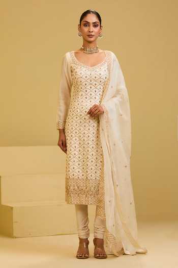 Shop Esha Koul Off White Organza, Chanderi, Lycra V-neck, Yes Embroidered Kurta Churidar Set Online at Aza Fashions Shop_Esha Koul_Off White Organza, Chanderi, Lycra V-neck, Yes Embroidered Kurta Churidar Set _Online_at_Aza_Fashions
