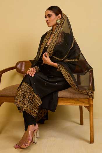 Esha Koul Black Organza, Chanderi, Crepe, Lycra Square Embroidered Kurta Churidar Set Online at Aza Fashions Esha Koul_Black Organza, Chanderi, Crepe, Lycra Square Embroidered Kurta Churidar Set _Online_at_Aza_Fashions