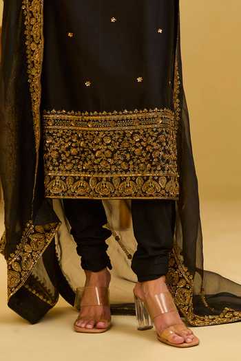 Shop Esha Koul Black Organza, Chanderi, Crepe, Lycra Square Embroidered Kurta Churidar Set Online at Aza Fashions Shop_Esha Koul_Black Organza, Chanderi, Crepe, Lycra Square Embroidered Kurta Churidar Set _Online_at_Aza_Fashions