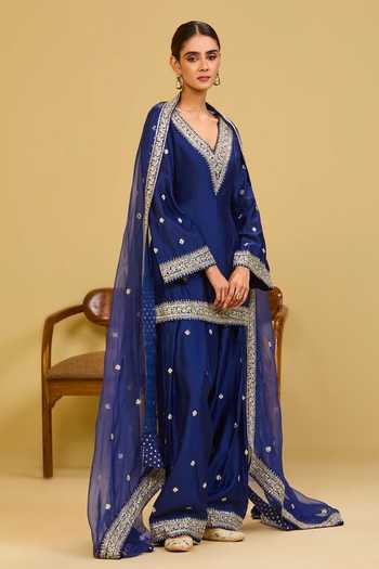 Shop_Esha Koul_Blue Organza, Chanderi V-neck Embroidered Short Kurta Set _Online_at_Aza_Fashions
