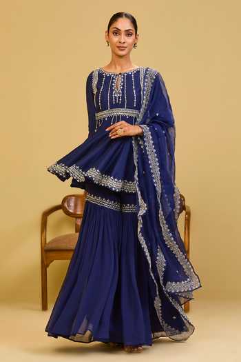Esha Koul Navy Organza, Georgette, Chanderi, Crepe Embroidered Peplum Kurta And Sharara Set Online at Aza Fashions Esha Koul_Navy Organza, Georgette, Chanderi, Crepe Embroidered Peplum Kurta And Sharara Set _Online_at_Aza_Fashions