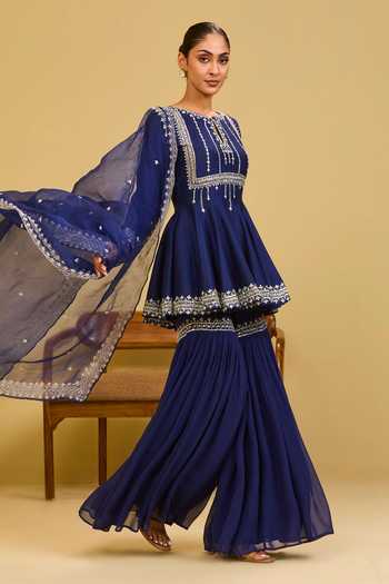 Shop Esha Koul Navy Organza, Georgette, Chanderi, Crepe Embroidered Peplum Kurta And Sharara Set Online at Aza Fashions Shop_Esha Koul_Navy Organza, Georgette, Chanderi, Crepe Embroidered Peplum Kurta And Sharara Set _Online_at_Aza_Fashions
