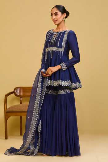 Esha Koul Navy Organza, Georgette, Chanderi, Crepe Embroidered Peplum Kurta And Sharara Set at Aza Fashions Esha Koul_Navy Organza, Georgette, Chanderi, Crepe Embroidered Peplum Kurta And Sharara Set _at_Aza_Fashions