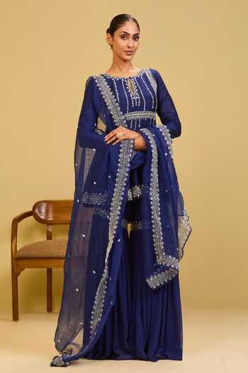 Buy Esha Koul Navy Organza, Georgette, Chanderi, Crepe Embroidered Peplum Kurta And Sharara Set Buy_Esha Koul_Navy Organza, Georgette, Chanderi, Crepe Embroidered Peplum Kurta And Sharara Set