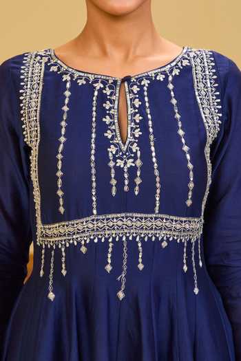 Shop Esha Koul Navy Organza, Georgette, Chanderi, Crepe Embroidered Peplum Kurta And Sharara Set Shop_Esha Koul_Navy Organza, Georgette, Chanderi, Crepe Embroidered Peplum Kurta And Sharara Set