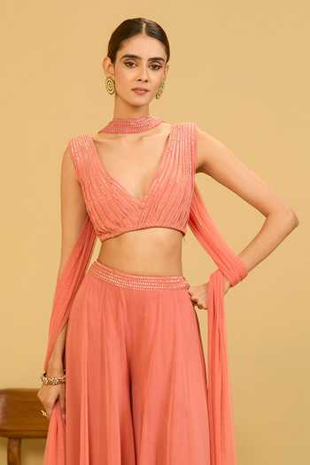 Esha Koul Coral Georgette, Net V-neck Palazzo And Blouse Set Online at Aza Fashions Esha Koul_Coral Georgette, Net V-neck Palazzo And Blouse Set _Online_at_Aza_Fashions