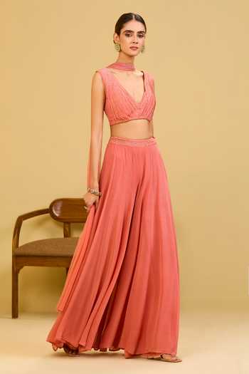 Buy Esha Koul Coral Georgette, Net V-neck Palazzo And Blouse Set Online at Aza Fashions Buy_Esha Koul_Coral Georgette, Net V-neck Palazzo And Blouse Set _Online_at_Aza_Fashions