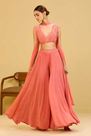 Buy Esha Koul Coral Georgette, Net V-neck Palazzo And Blouse Set Buy_Esha Koul_Coral Georgette, Net V-neck Palazzo And Blouse Set