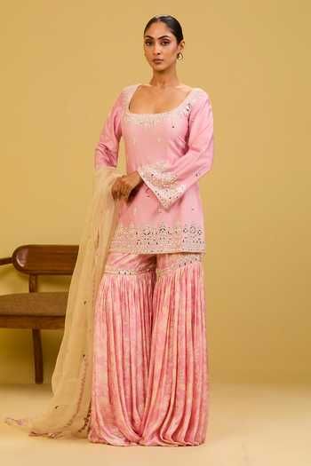 Buy Esha Koul Pink Chanderi, Organza Square Neck Embroidered Short Kurta Set Online at Aza Fashions Buy_Esha Koul_Pink Chanderi, Organza Square Neck Embroidered Short Kurta Set _Online_at_Aza_Fashions
