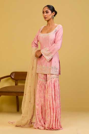 Shop Esha Koul Pink Chanderi, Organza Square Neck Embroidered Short Kurta Set Online at Aza Fashions Shop_Esha Koul_Pink Chanderi, Organza Square Neck Embroidered Short Kurta Set _Online_at_Aza_Fashions