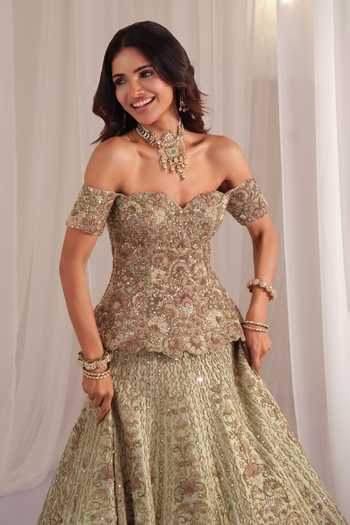Buy K&A By Karishma and Ashita Green Silk Zari, Mirrors Sweetheart Neck Hand Embellished Corset Lehenga Set Online at Aza Fashions Buy_K&A By Karishma and Ashita_Green Silk Zari, Mirrors Sweetheart Neck Hand Embellished Corset Lehenga Set _Online_at_Aza_Fashions