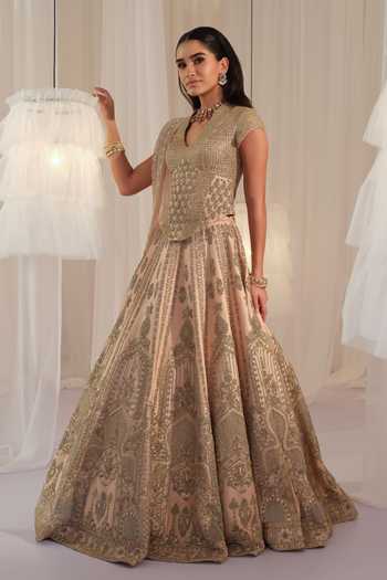 Buy K&A By Karishma and Ashita Peach Silk Sequins, Beads, Cut Work, Crystals V-neck Zardozi Lehenga Set Online at Aza Fashions Buy_K&A By Karishma and Ashita_Peach Silk Sequins, Beads, Cut Work, Crystals V-neck Zardozi Lehenga Set _Online_at_Aza_Fashions