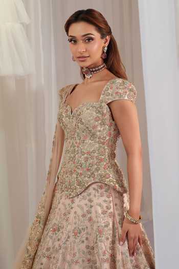 K&A By Karishma and Ashita Pink Silk Embroidery, Sequins, Zari, Metallic Thread Raw Corset Lehenga Set Online at Aza Fashions K&A By Karishma and Ashita_Pink Silk Embroidery, Sequins, Zari, Metallic Thread Raw Corset Lehenga Set _Online_at_Aza_Fashions