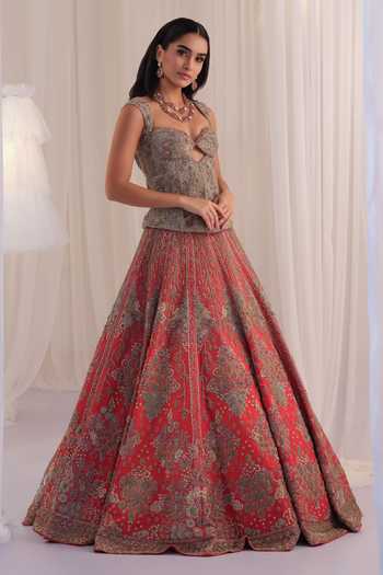 K&A By Karishma and Ashita Multicolor Silk Sequins, Beads, Zari, Metallic Hand Embellished Corset And Lehenga Set Online at Aza Fashions K&A By Karishma and Ashita_Multicolor Silk Sequins, Beads, Zari, Metallic Hand Embellished Corset And Lehenga Set _Online_at_Aza_Fashions